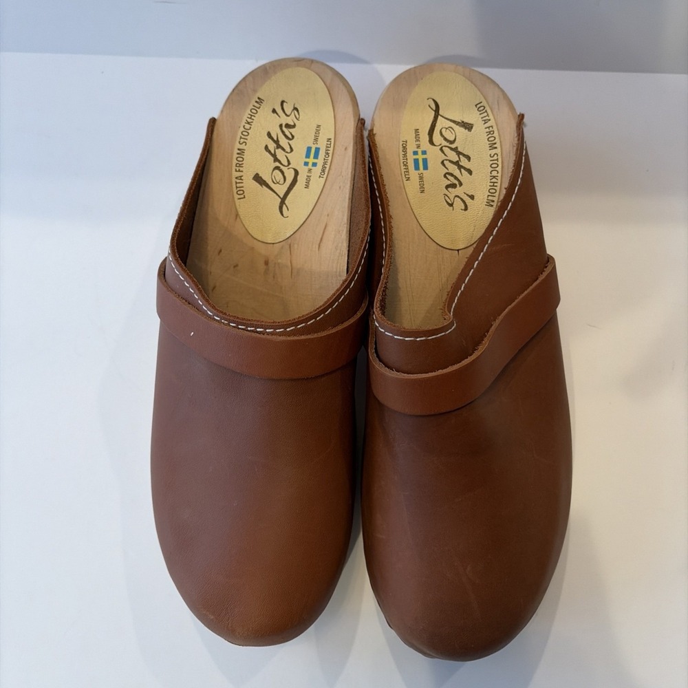Lotta From Stockholm Brown Leather Swedish Wood Clogs Rubber Sole EU 42